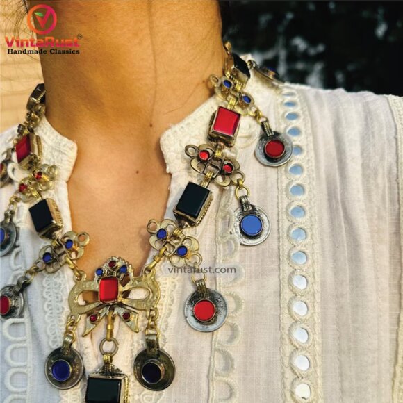 Tribal Necklace with Colorful Stones, Gypsy Belly Dance Necklace, Afghan Kuchi - Picture 2 of 9